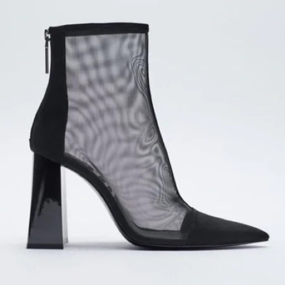 Zara Mesh & Suede Leather Pointed Toe Asymmetrical Block Heel Black Ankle Boots